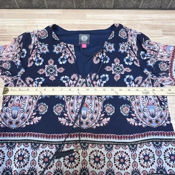 Vince Camuto Dress 10 Shift Tassels Bell Sleeves Navy Blue Pink Floral Boho - Picture 7 of 11